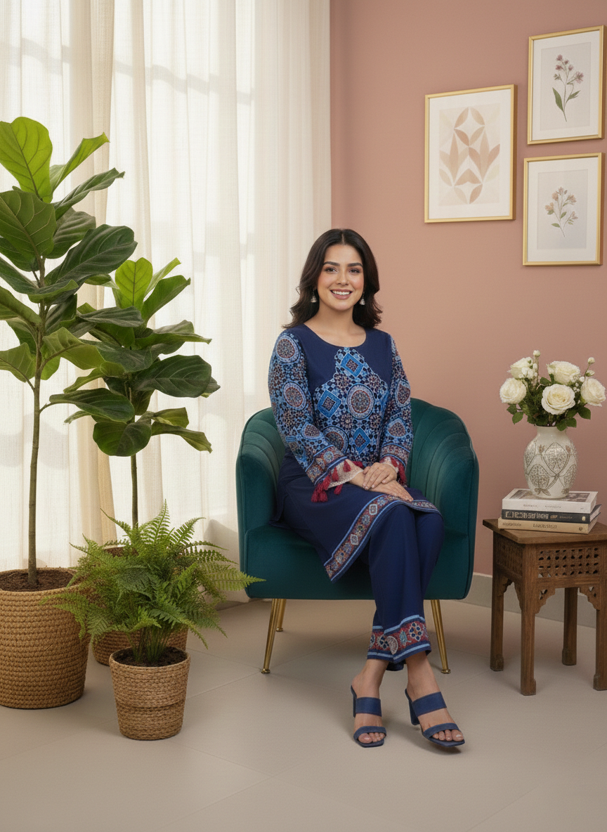 Blue Printed Sindhi Shrug Suit for Women | Long Open Style Shirt with Inner & Trouser M 10 A