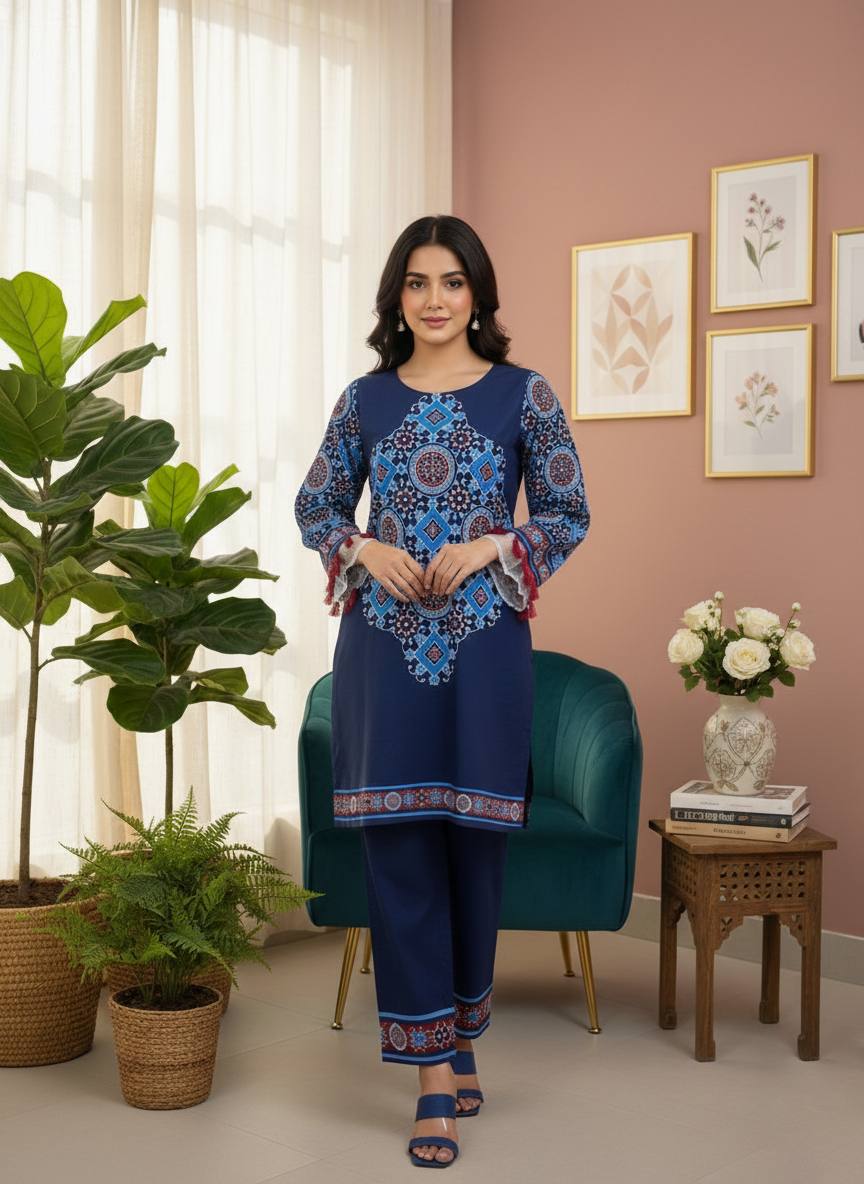 Blue Printed Sindhi Shrug Suit for Women | Long Open Style Shirt with Inner & Trouser M 10 A