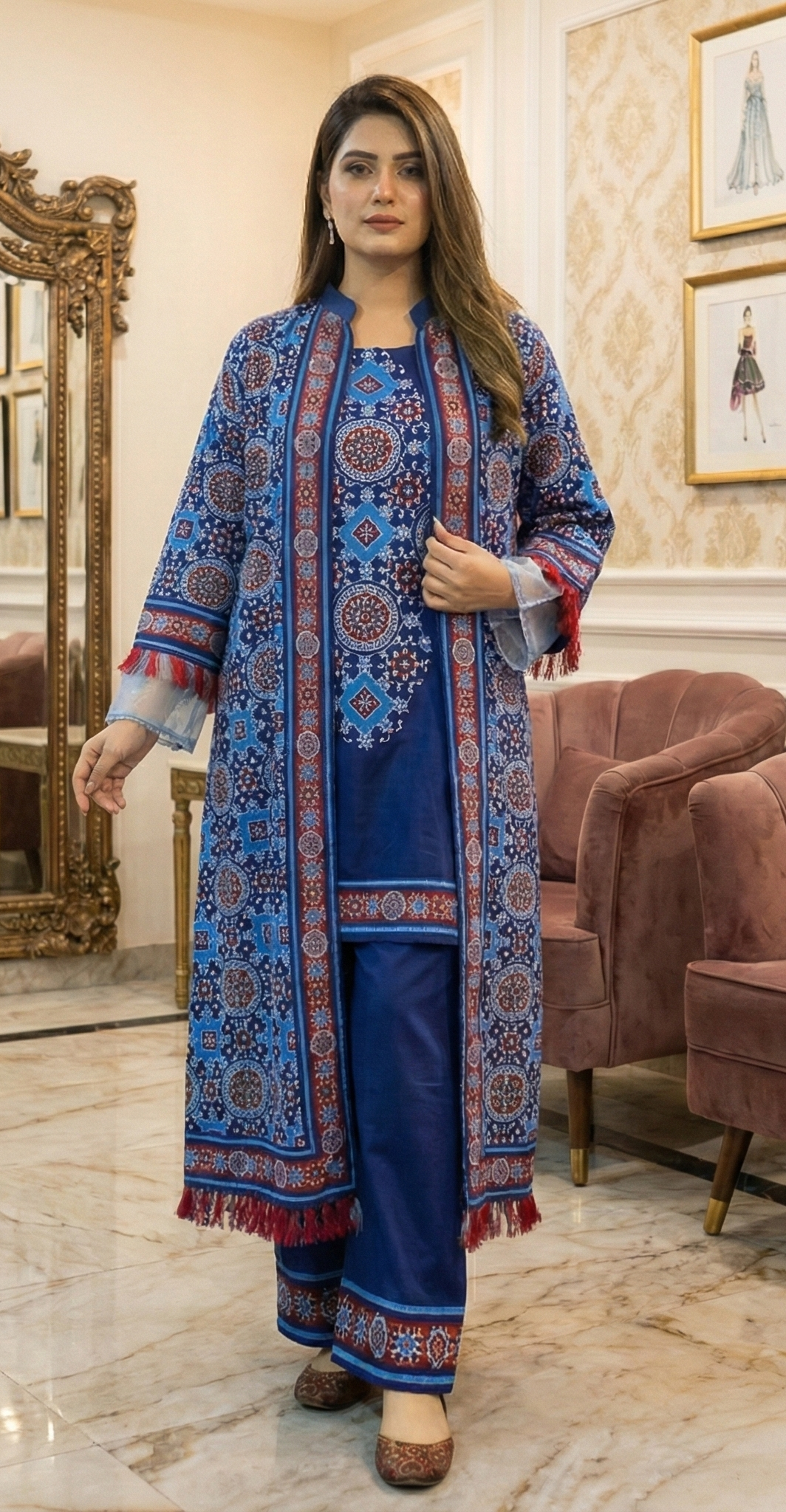 Blue Printed Sindhi Shrug Suit for Women | Long Open Style Shirt with Inner & Trouser M 10 A