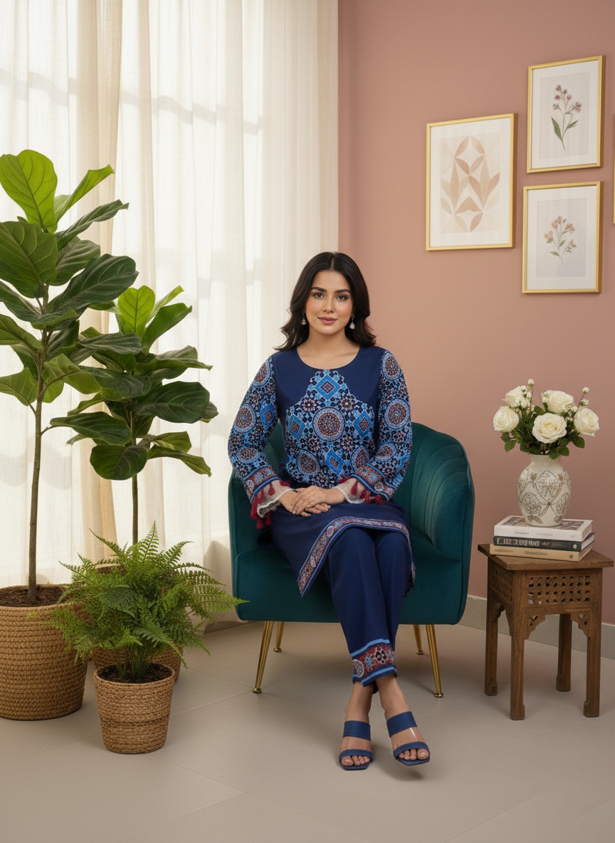 Blue Printed Sindhi Shrug Suit for Women | Long Open Style Shirt with Inner & Trouser M 10 A