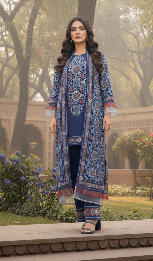 Blue Printed Sindhi Shrug Suit for Women | Long Open Style Shirt with Inner & Trouser M 10 A