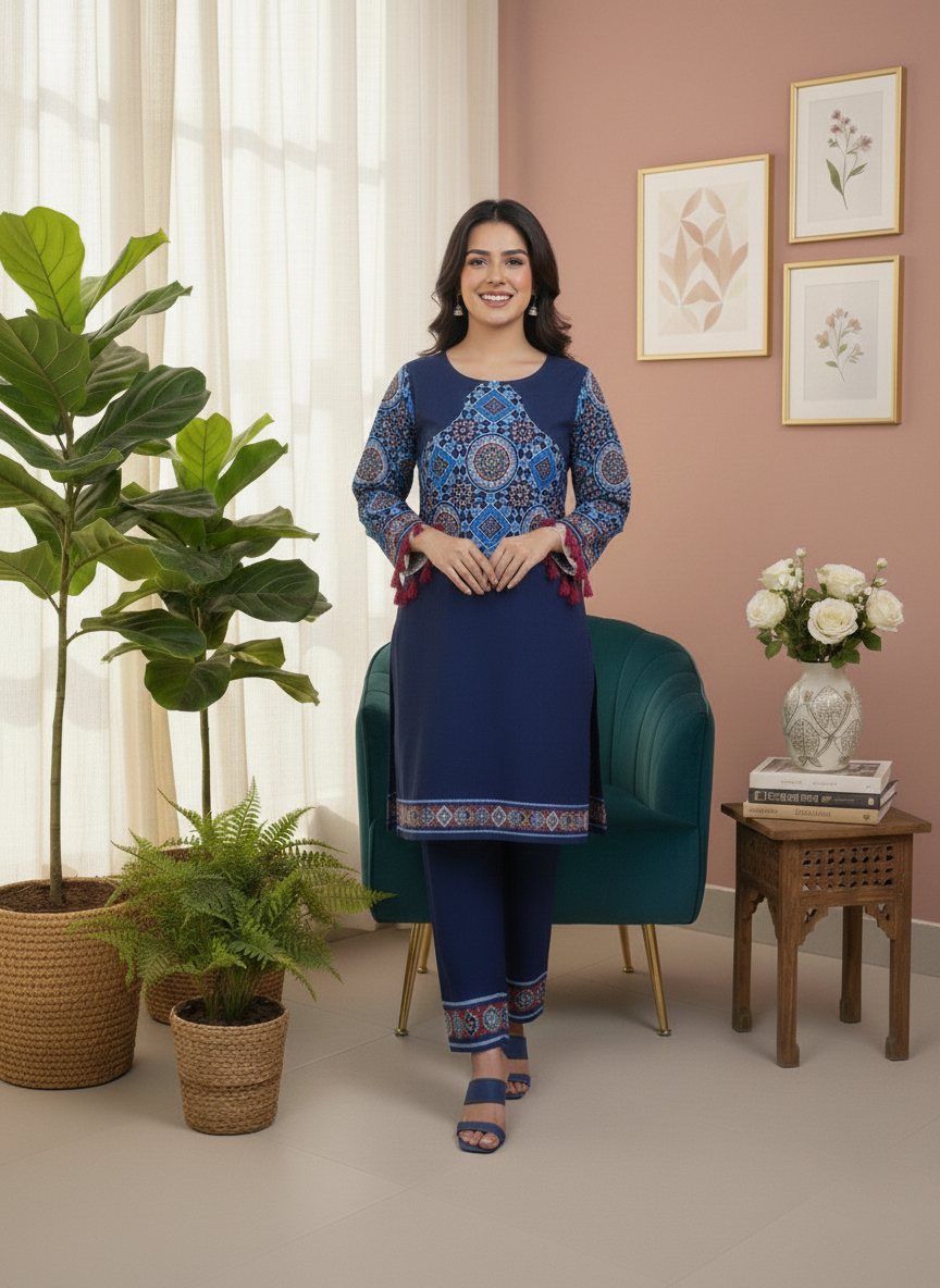 Blue Printed Sindhi Shrug Suit for Women | Long Open Style Shirt with Inner & Trouser M 10 A
